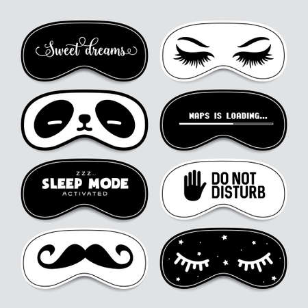 Sleeping mask design set. Cute and funny blindfold design collection. Vector vintage illustration.のイラスト素材