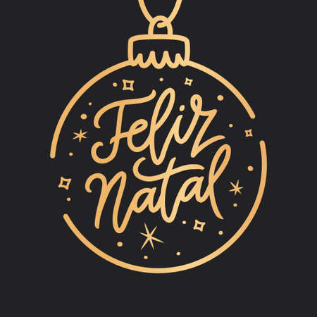 Feliz Natal portuguese Merry Christmas lettering golden greeting text on black background. Retro hand drawn brush calligraphy poster for season greetings. Vector illustration.のイラスト素材