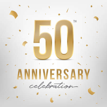 50th anniversary celebration golden template. Shiny gold numbers with confetti around. Vector illustration.の写真素材