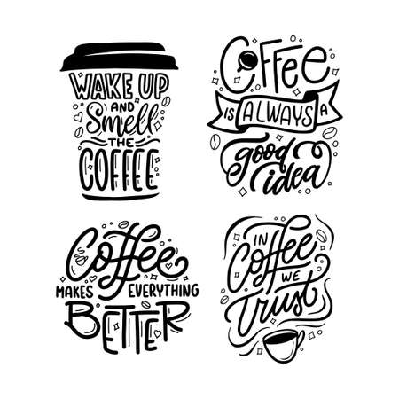Hand drawn coffee quotes set. Coffee related motivational phrases collection. Always a good idea. Wake up and smell. In coffee we trust. Vector vintage illustration.のイラスト素材