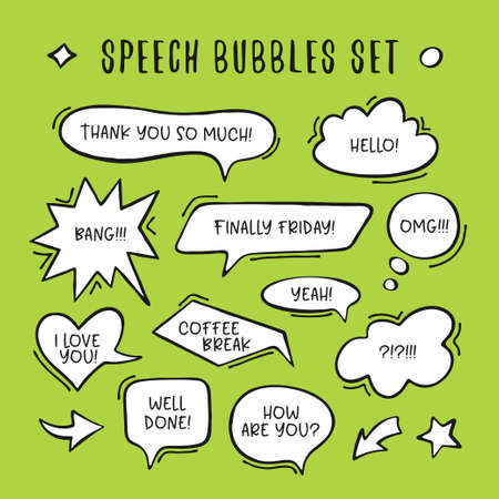 Outline speech bubbles set. Hand drawn doodle style speech bubble talk balloon comic shapes. Vector illustration.のイラスト素材