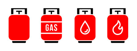 Gas tank icon set. Propane cylinder black symbol. Fuel canister pictogram. Petrol tank illustration....