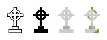 Cross tombstone icon. Gravestone vector illustration. Cemetery cross memorial symbol. Tombstone pictogram. Halloween tomb sign. Burial headstone monument icon. Death concept. Horror crypt isolated.のイラスト素材