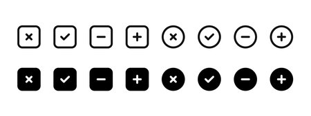 Plus and minus math icon set. Checkmark and cross symbol. Accept and reject buttons. Positive and...