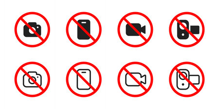 No camera icon. Prohibited photography and video recording devices vector illustration. Security and...