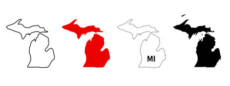 Michigan state map icon set. US state silhouette with upper and lower peninsulas in outline, solid and dotted styles sign. Great Lakes region and Detroit area symbol. Midwest state pictogram.のイラスト素材