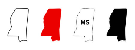 Mississippi state map icon set. US state shape in outline, solid fill, dashed border and abbreviation MS sign. Southern region symbol. Jackson and Gulf Coast area pictogram. USA map illustration.のイラスト素材