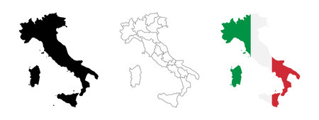 Italy map silhouette. Italian regional borders and national flag sign. Political boundaries and country shape symbol. Geographic identity and travel pictogram. Map vector illustration.のイラスト素材
