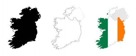 Ireland map flag. Map of the island with silhouette, administrative borders, and Irish flag vector illustration. Political division with Northern Ireland symbol. European geography sign.のイラスト素材