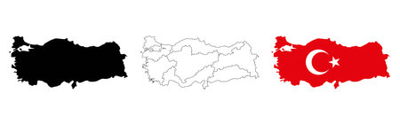 Turkey map flag. Three map versions of Turkey including black silhouette, dotted outline and national flag sign. Country border symbol. Geographic territory pictogram. Political map illustration.のイラスト素材