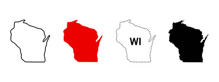 Wisconsin map icon set. State outline, solid fill, dotted WI label sign and silhouette symbol. USA midwest region pictogram. Madison location and state shape map illustration.のイラスト素材