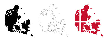Denmark map icon. Country silhouette, dotted region borders and flag-filled shape vector...