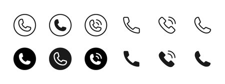 Phone icon. Round call buttons and ringing handset shapes for communication vector illustration. Mobile contact tools, hotline support and telephone connect elements sign. Clean UI pictogram.のイラスト素材