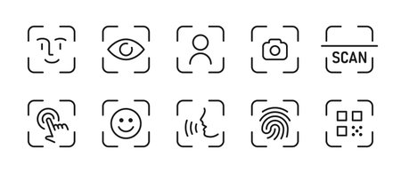 Scan icon set. Biometric frames for face, eye, fingerprint, touch and voice recognition vector...