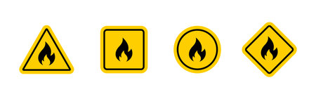 Fire warning sign icon. Hazard flame symbol on yellow caution shape vector. Safety alert for...