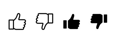 Like dislike icon set. Outline and solid thumb gestures show positive and negative feedback vector...