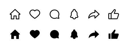 UI interface icon set. Home, heart, chat, bell, share and like vector illustration. Clean outline...