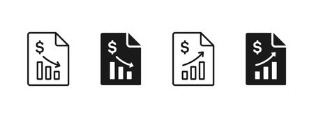 Financial report icon with chart and dollar symbol. Business analytics concept showing profit, loss, growth or decline. For finance reports, accounting, statistics, investment and data analysis.のイラスト素材