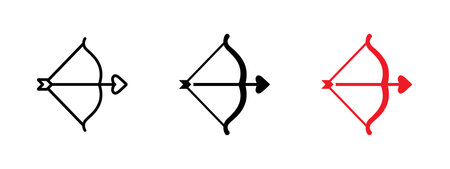 Cupid bow and heart arrow icon in outline, solid and red styles. Romantic vector symbol for Valentineのイラスト素材