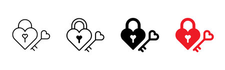 Heart shaped lock and key icon in outline and solid styles. Minimal vector symbol of love, trust and relationship, perfect for Valentineのイラスト素材