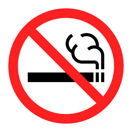 No smoking sign. Prohibition circle with cigarette and smoke icon. Smoking and tobacco restriction concept. Public safety and warning symbol. Cigarette ban for indoor area, building or workplace.のイラスト素材