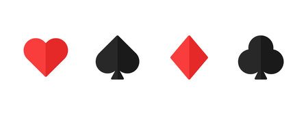 Playing card suit icons. Heart, spade, diamond and club symbols in flat style. Classic casino and poker signs for card games, gambling interfaces, betting design and gaming graphics.のイラスト素材