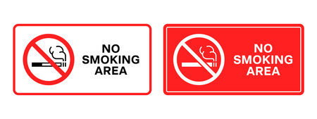 No smoking area sign. Prohibition signs with cigarette and smoke symbol and text. Smoking forbidden notice for public places. Tobacco restriction, safety warning and regulation signs for indoor areas.のイラスト素材