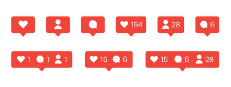 Social media notification icons with numeric counters. Like, comment and user bubbles showing followers and message counts. Interface UI elements for apps, websites and social networks alert systems.のイラスト素材