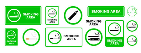 Smoking area sign icon set. Permission signs with cigarette and smoke symbol and text. Designated smoking zone notices for public places. Tobacco use information signs for indoor areas and buildings.のイラスト素材