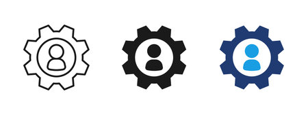 User profile settings icon with person inside gear. Concept of account configuration, user management and system preferences. Ideal for HR platforms, SaaS interfaces, profile and account settings UI.のイラスト素材