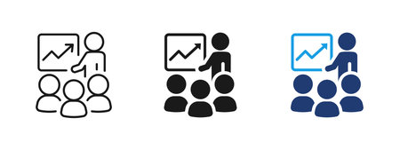 Business presentation icon with speaker and audience in front of chart. Symbol of meeting, training,...