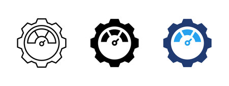 Performance and efficiency icon with speed gauge inside gear. Symbol of optimization, productivity, KPI metrics, analytics and business process control. For dashboards and performance monitoring.のイラスト素材