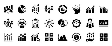 Analytics icon set with 25 solid icons. Data analysis, metrics, KPI, ROI, segmentation, A/B testing, charts, reports and performance black icons for marketing analytics, dashboards, web and app designのイラスト素材