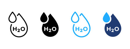 Water drop icon with H2O symbol. Drinking water and hydration symbol. Fresh and clean liquid, droplet and beverage sign. Pure water concept representing healthy and drinkable liquid.のイラスト素材