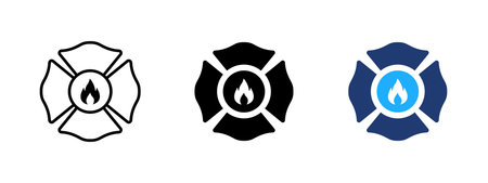 Fire department badge icon. Classic four-petal symbol of fire station. Firefighter, emergency, safety and hazard sign representing protection, rescue, and fire service emblem.のイラスト素材