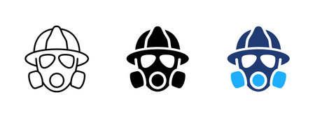 Gas mask and hardhat icon. Safety and protection symbol. Worker, hazard and risk sign. Industrial guard concept representing face mask, helmet and personal protective equipment.のイラスト素材