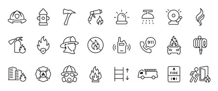 Firefighter line icon set. Fireman, extinguisher and hydrant symbols. Fire hazard, emergency 911...