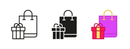 Shopping bag gift icon. Present and purchase vector illustration. Holiday package symbol. Retail and commerce sign. Celebration and surprise concept.のイラスト素材