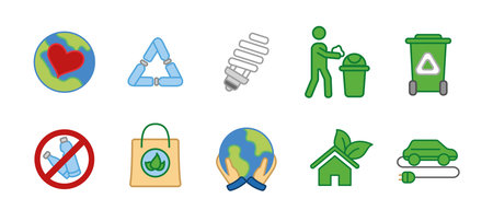 Environment care icon set. Eco sustainability and green energy vector illustration. Waste recycling,...