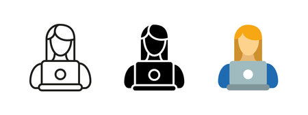 Woman with laptop icon. Female working on online education vector illustration. Digital study and...