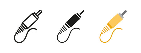 RCA audio cable icon. Yellow connector plug for sound transmission illustration. Analog signal...