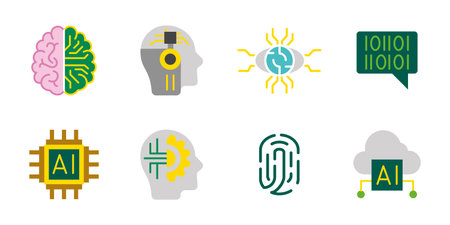 AI icon set. Artificial intelligence and machine learning colored vector illustration. Collection of neural network, chip, fingerprint and cloud computing symbols. Futuristic technology pictogram.のイラスト素材