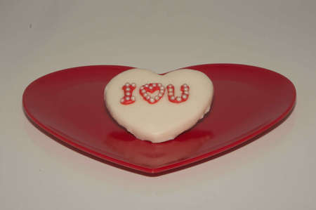 I Love U Heart Cookie On Red Heart Plateの写真素材