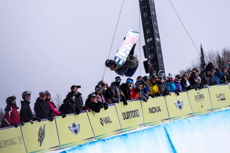 Vail, Co. - February 28, 2013 - Burton US Open Snowboarding Championship Half Pipe Taku Hiraokaのeditorial素材
