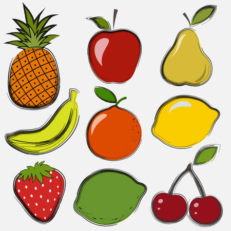 Set of fruits and berries in a drawing style