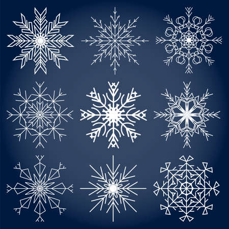 Set of nine snowflakes on a blue background