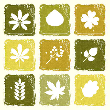 Set of icons with leaves in shades of green in a grunge styleのイラスト素材