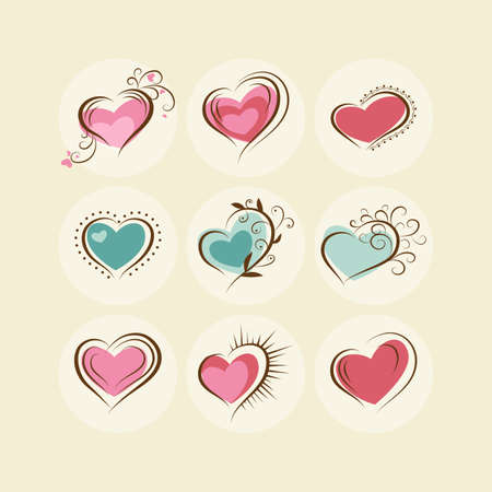 Set of colored hearts with decorative elements. Vector illustrationのイラスト素材