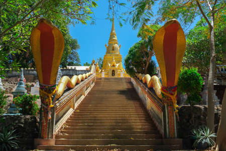 Stairs to a golden Buddhist temple in the middle of the jungle, with two snake statues at the entrance at the top of the stairs.の写真素材