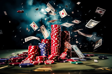Casino chips and cards flying in the air. 3d renderingの素材